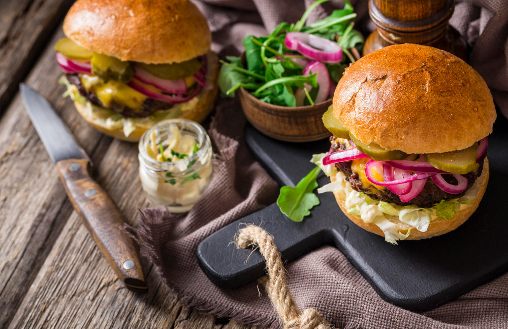 Veggie chickpea burger with garlic aioli and pickled red onions