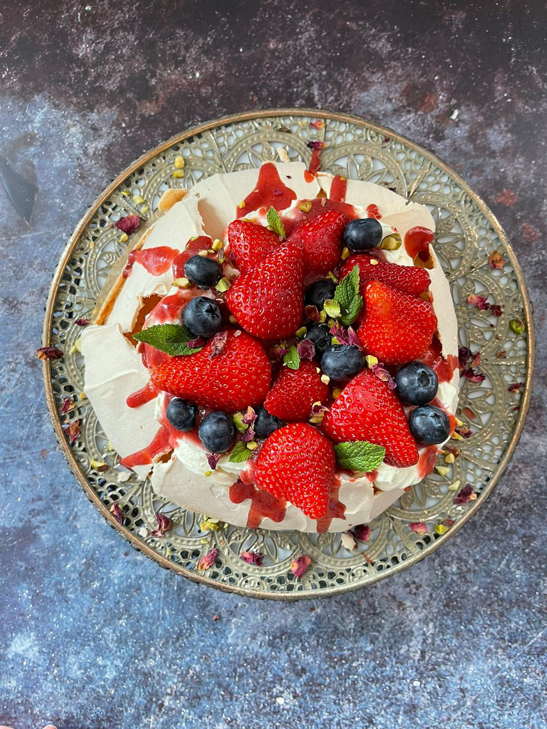 Berry Pavlova Desert with Persian spice mix Advieh-E Halegh 