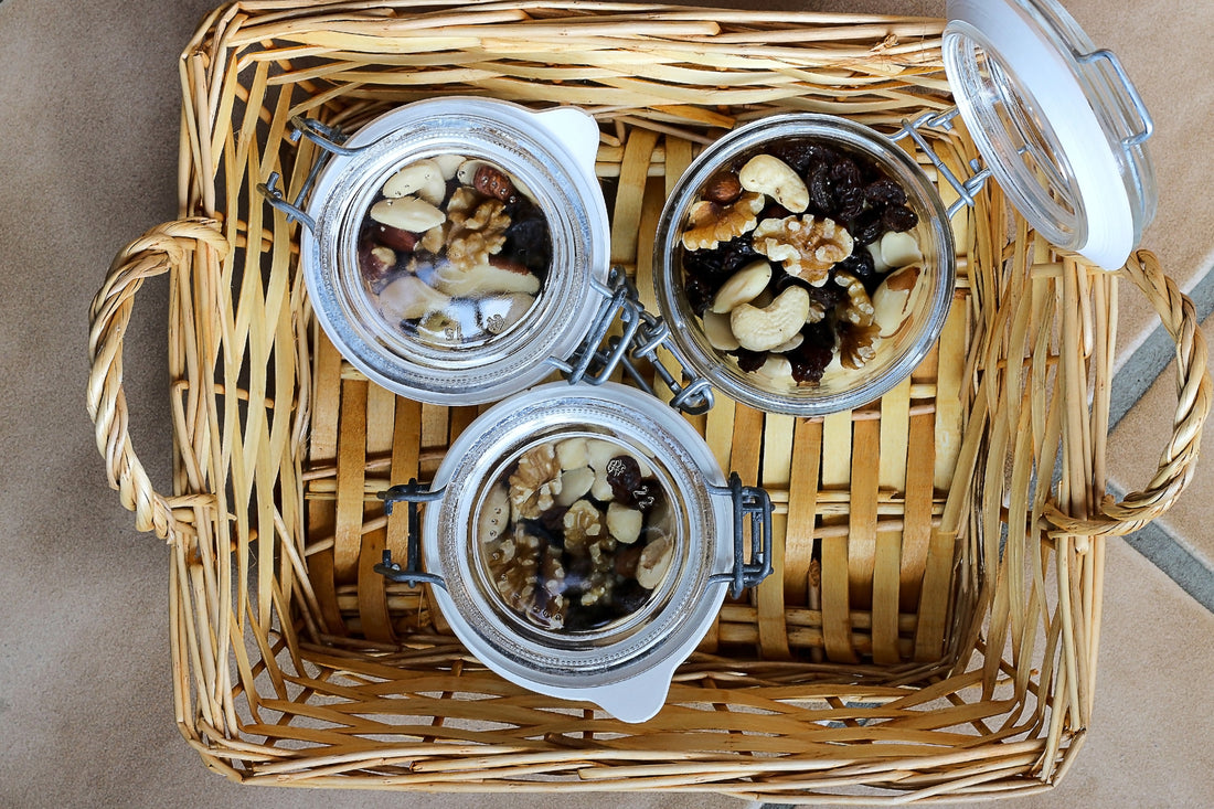 Kilner Jars with nuts in a basket