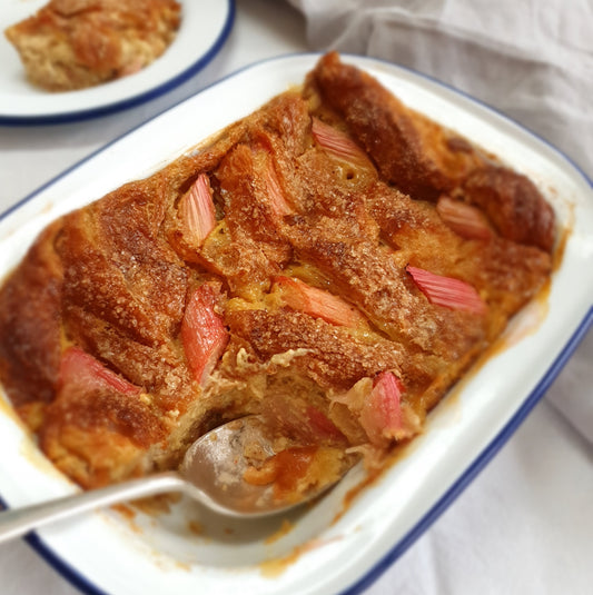 Rhubarb Croissant Pudding in white dish