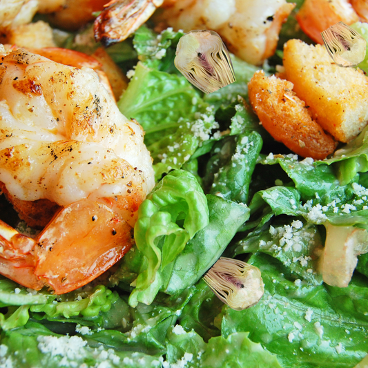 Cameler Caeser Salad with Artichoke & Avocado & Prawn's